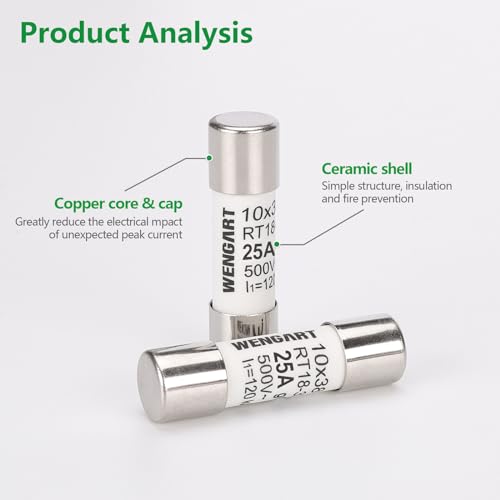 Wengart AC Zylindersicherungseinsatz RT18-32 (RO15), AC500V 25A, 10 Stück, 10x38mm, 120 kA, starkes Schaltvermögen, kann den Stromkreis zuverlässig schützen