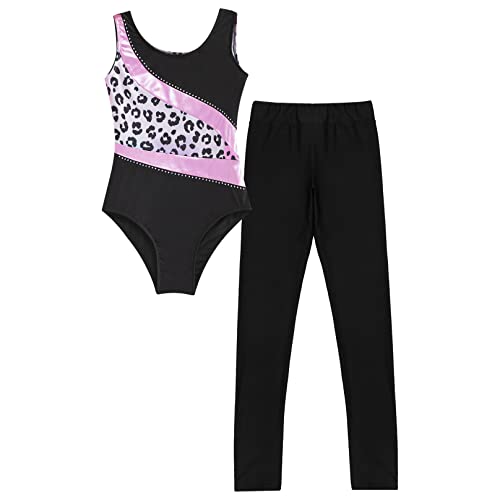 Msemis Kids Girls 2 Pcs Dance Outfit Gymnastics Leotard With Leggings Athletic Tracksuits Sportswear Leopard A 10 Years #TOP2