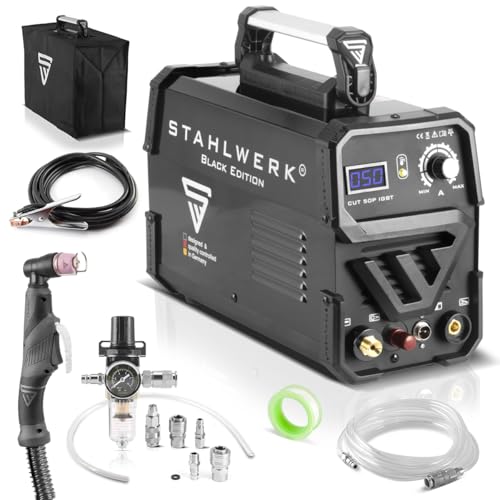 Cortadora de plasma STAHLWERK CUT 50 Pilot IGBT con encendido por piloto y 50 amperios, capacidad de corte de hasta 14 mm, adecuada para chapas pintadas y óxido flash, 7 años de garantía*.