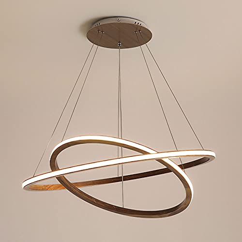 Lustre Suspendu Chic Cercle Bois Noyer NAMFHZW : Plafonnier LED 2 Anneaux Télécommande