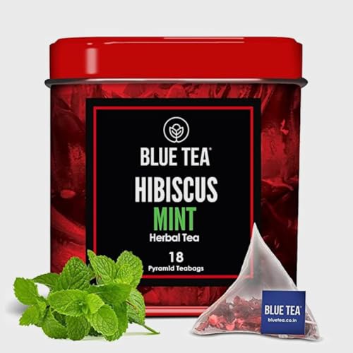 BLUE TEA - Hibiscus Mint Tea - 18 Biodegradable Tea Bags | SKIN GLOW ENHANCING TEA | Tangy & Minty - Refreshing Mint - Flower Based - Caffeine Free - Gluten Free - Non-GMO | Tin Packaging