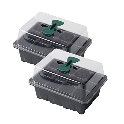 DeHaccie 2個セット 育苗ポット 育苗トレイ 苗箱 種まきハウス 種子トレイ 発芽·育苗セット 12穴育苗キット 植物栽培 野菜栽培 園芸用品 発芽 カバーとアンダートレイ付き 便利性 耐久性 通気性 (ブラック)