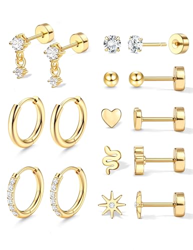 Adramata 8 Pares Pendientes Acero Inoxidable Mujer Piercing Oreja Oro 18K Aros Plata Mujer Hipoalergénico Pendientes para Cartílago Mujer Pendientes Hombre Plata,8