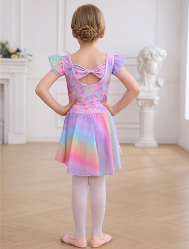 MdnMd Ruffle Short Sleeve Dance Dress Leotards Ballet Clothes for Ballerina Girls Bow Back (Rainbow-Fireworks, Age 6-8)