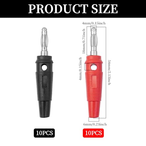 BuxiuGK 20 sztuk 4 mm Złącze głośnika bananowego, bez lutowania, 20 A wtyki bananowe do głośników, wzmacniaczy, odbiorników AV, systemów stereo HiFi, 10, czarny i 10, czerwony