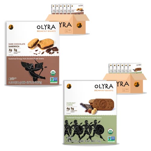 Olyra Organic Breakfast Biscuits Bundle | Dark Chocolate + Hazelnut Carob | 6 Boxes Each - 12 Total | Low Sugar High Fiber Plant Based Protein Cookies #TOP21