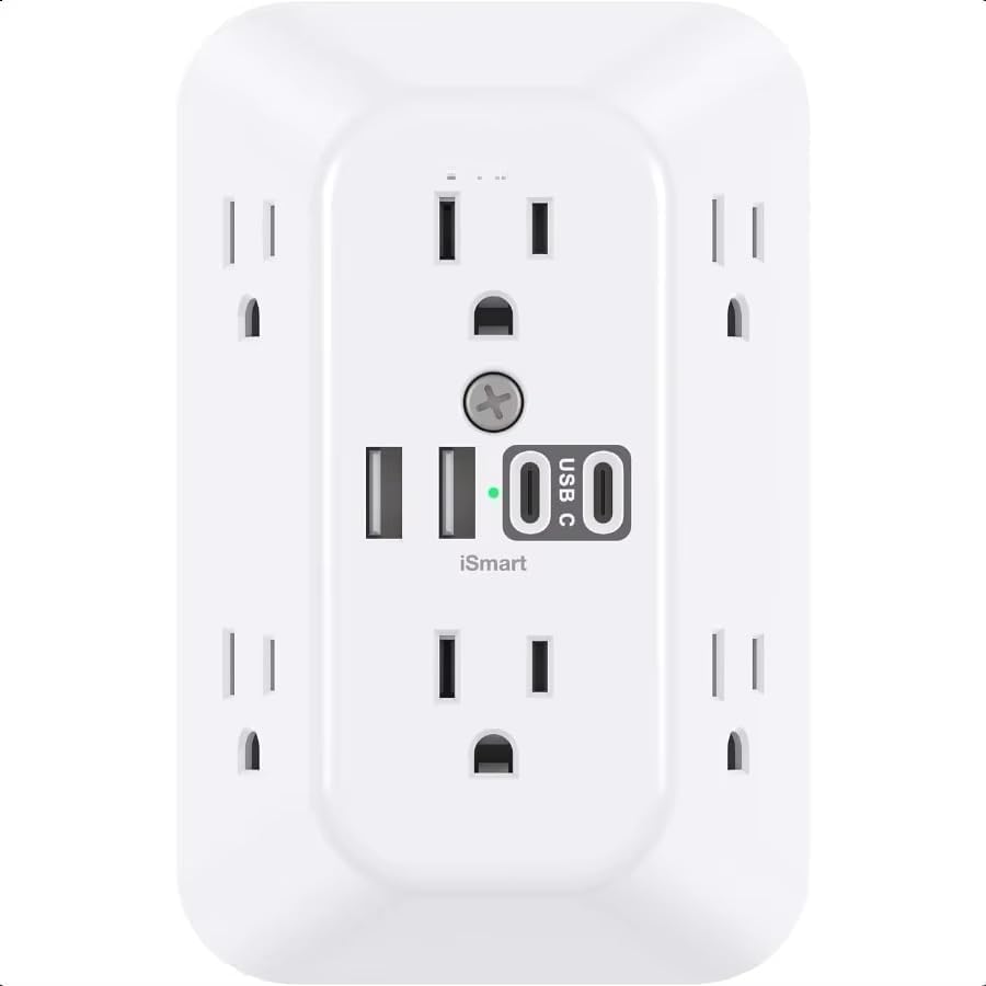 Surge Protector Outlet Extender with 6 AC Outlets and 4 USB Ports, 2 USB-C and 2 USB-A Wall Charger, 1800J Multi Plug Wall Outlet Splitter, White