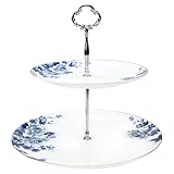 LE POTOCIO 2-Tier Afternoon Tea Stand, Porcelain Cupcake Stand Serving Tray, Blue and White Bone China Cake Stand, Pastry Serving Stand for Tea Party, Wedding and Birthday (LH 2 Tiers)