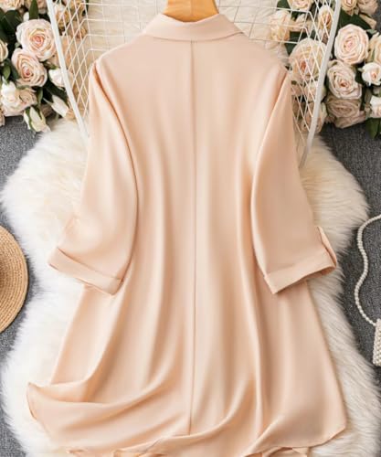 فستان بتصميم غربي قصير للنساء من ليريا فاشون || فستان سادة بنمط قميص بأزرار أمامية للنساء من الرايون || فستان واسع بأكمام برباط قابلة للطي وقبة بياقة مرتفعة || فستان للمكتب (LF-WD1101-XL-خوخي)