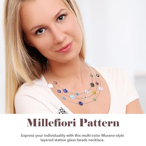 SHOP LC DELIVERING JOY Murano Style Millefiori Glass Layered Necklace - Beaded Necklaces for Women Trendy - Colorful Flower Jewelry Stainless Steel 18" Birthday Gifts for Women4