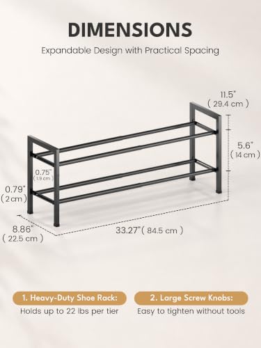 Image of Bumusty 2 Tier Expandable Shoe Rack for Closet, 18 inch-33 inch Adjustable Shoe Rack for Small Space, Small Shoe Organizer for Front Door, Sturdy Metal, Black