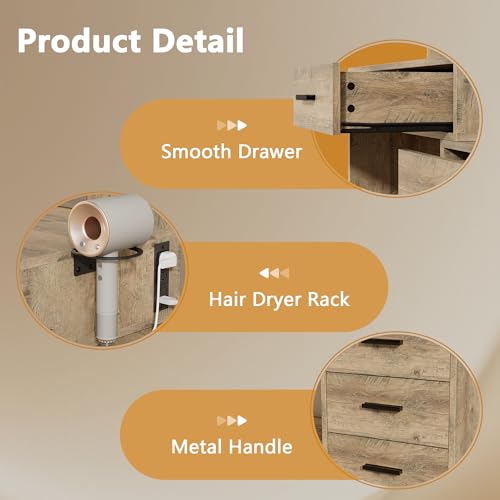 Image of Furmax Makeup Vanity Desk with Mirror and Power Outlet, Vanity with 3 Color Light Options Adjustable Brightness, Vanity Table with 5 Drawers, 6 Storage Shelves, Nightstands (Rustic Oak)