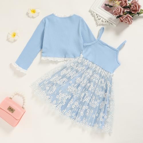 Toddler Tulle Dress and Cardigan Girl Strap Ribbed Tutu Dresses Long Sleeve Shrugs Casual Wear 2-6Y3
