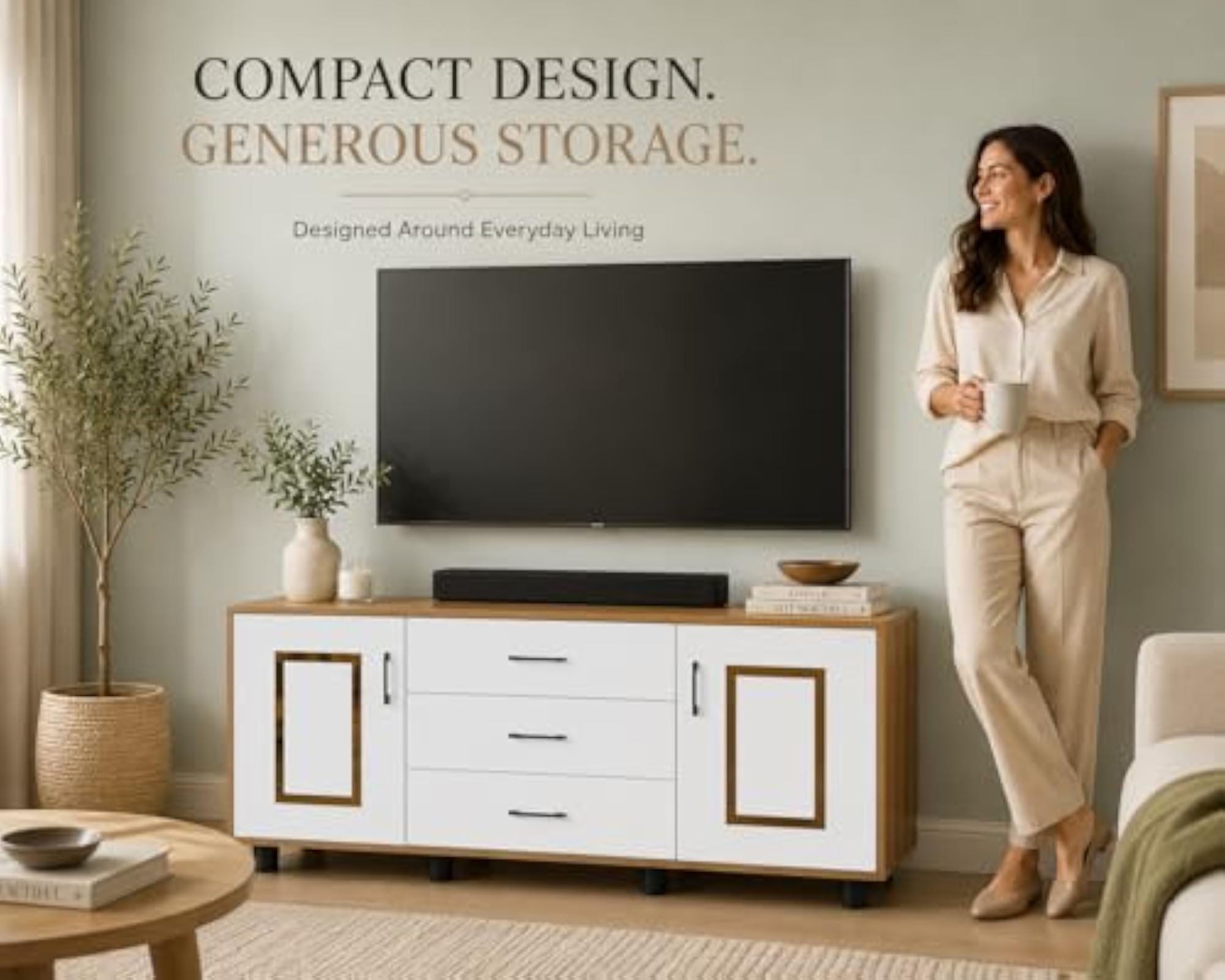 TV Unit for Living Room with 3 Drawer and 2 Cabinet Storage