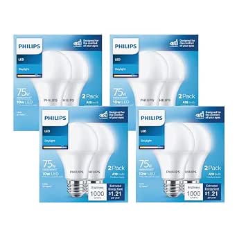 PHILIPS LED Frosted Dimmable A19 Light Bulb - Pack of 8 - EyeComfort Flicker Free - 12.2W=75W - 1100 Lumen - Daylight (5000K) - E26 Base - Indoor - Title 20