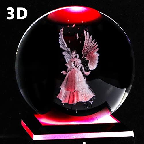 8CM Crystal 3D Guardian Angel Figurines Ball with LED Lamp Stand, Angel with Wings Glass Ornaments, Angel Gifts for Special People