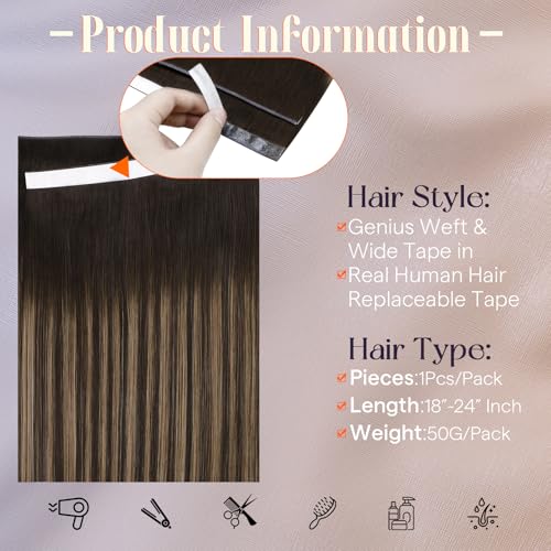 Image of Full Shine Genius Weft Hair Extensions, Dark Brown Highlight Mix 22 Inch | 50g 1 Piece, Seamless Invisible Hand Tied Weft Tape in Extensions, Quick Install Lightweight Base for Daily Wear