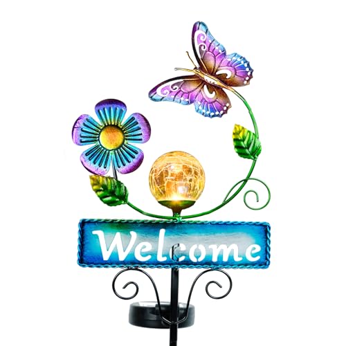 FOMOMDI Butterfly Garden Decorations for Outside, Solar Waterproof Stake Lights with Welcome Sign for Yard Lawn Patio Pathway, Warm Gifts for Mom Grandma Housewarming (Butterfly)