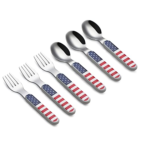 Annova Kids Silverware 6 Pieces Stainless Steel Children's Flatware Set 3 X Forks, 3 X Dinner Spoon Plastic Handle, Toddler Utensils Without Knives, For Babies, Infants Bpa Free (Us Flag) #TOP1