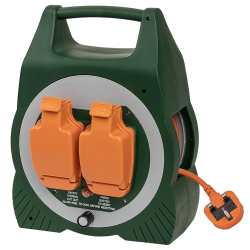 Daewoo Weatherproof Extension Reel 15m, 2 Socket Outdoor Cable Reel with Safety Cover, Thermal Cut-Out & Carry Handle, Heavy Duty Power Reel for Garden, Garage, Camping, DIY