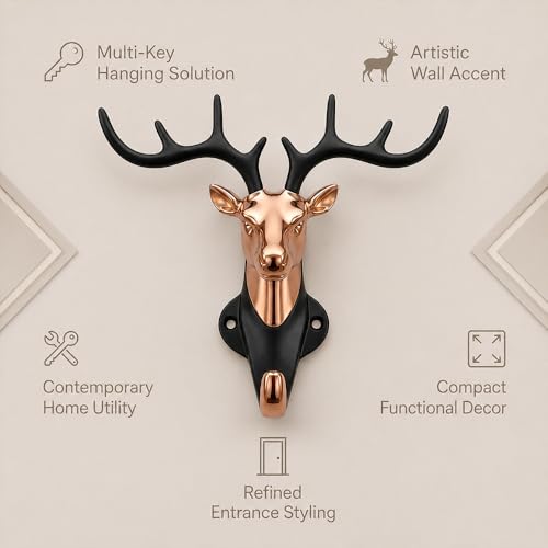 Image of Deer Head Wall Key Holder, Zinc Alloy Hanging Hooks, PVD Rose Gold Black Finish, Entryway Organiser, Home Decor, Pack of 1-| 3 Years Warranty |
