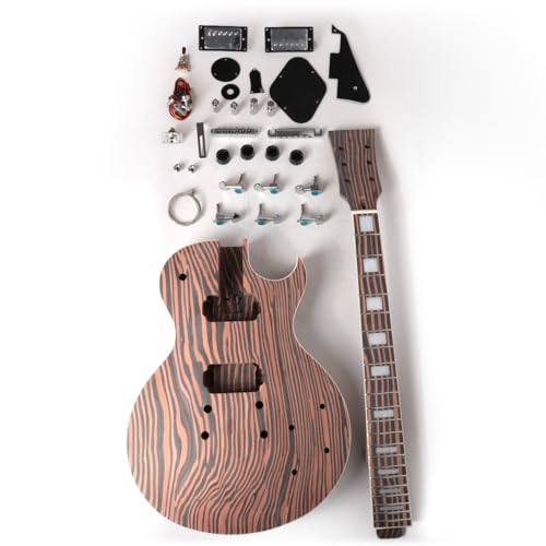 Fojill DIY Build Your Own LP Electric Guitar Kit Unfinished Zebrawood Body Neck Fingerboard Fretboard All Parts Included