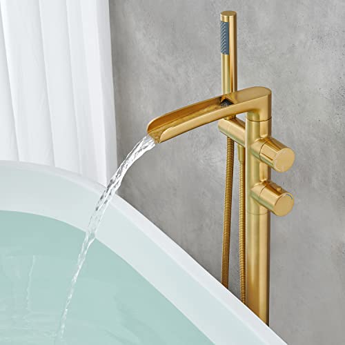 Artiqua Thermostatic Freestanding Bathtub Faucet Waterfall Tub Filler Brushed Gold With Rough In Valve Floor Mount Brass Bathroom Faucets With Hand Shower #TOP4