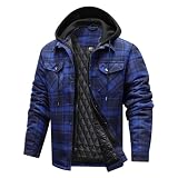 CHEXPEL Flannel Jackets for Men Long Sleeve Plaid Shirt Jacket Quilt Lined Hooded with Button Down Winter Coat Dark Blue L