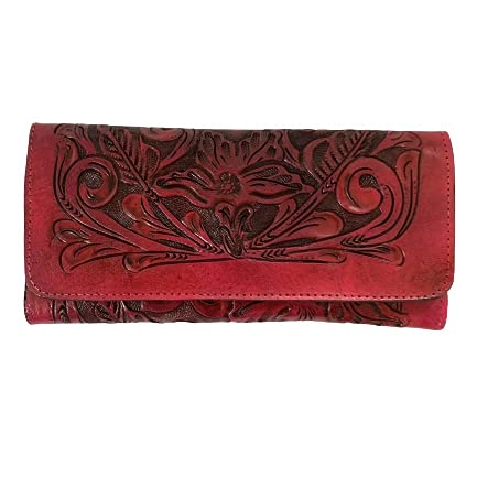 Mexican Leather Wallet | Unique Wallet | Floral Design | Hand-tooled Leather | Color Wallet | Fuchsia