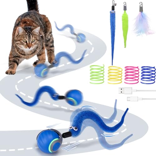 AIERSA Interactive Automatic Cat Toys for Indoor Adult Cats,Self Play Speed Tail Toy with 3 Tails and 4 Springs (Blue)