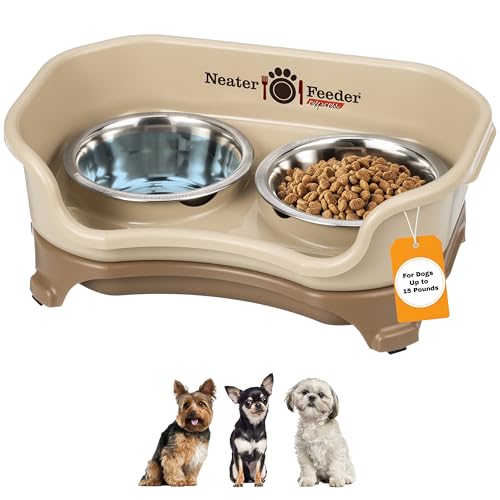 Neater Feeder Express Mess Proof Dog Bowls Elevated for Small Breeds under 15 Lb, Made in USA, No Spill Raised Dog Food Bowl Stand, Stainless Steel Food and Water Bowl Set, Feeding Station, Cappuccino