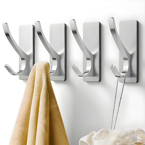 Josmimic Self Adhesive Towel Hooks: Extra Strong 13LB, Stainless Hook for Hanging Loofah, Towels, Coat, Bath Robe Bathroom Shower, Silver, 4 Pack