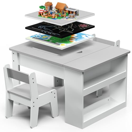 Mesa y Silla Infantil 2 Sillas,Multifunción Para Jugar, Pintar y leer, 4 Tableros Intercambiables, Ajustable y Antivuelco, con Espacio de Almacenamiento, Estable Hasta 60 kg, Seguro a Partir de 3 años
