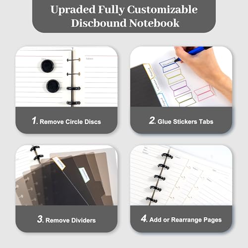 Discbound Notebook Customizable Spiral Journal Refillable 5 Subject Notebook with Removable Pages 120 Wide Ruled Disc Planner with 6 Binder Dividers & 16 Tabs for Work Meeting School, Black