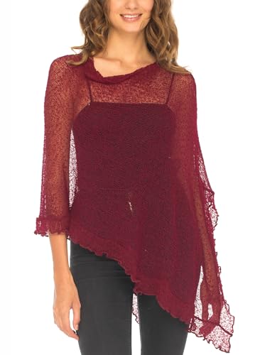 Image of SHU-SHI Women's Sheer Knit Poncho Shrug Lightweight Asymmetrical Ruffle Wrap Dressy Summer Shawl Cover Up Top