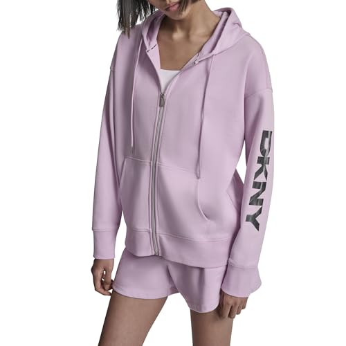 DKNY Women's Foil Logo Full Zip Hoodie with Pockets, Pink Lavender/Silver, Small