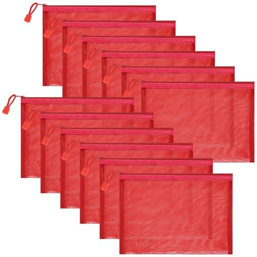 Sinzip 12 Pieces Zipper Nylon Mesh Pouch Mesh Cosmetic Bags Makeup Bags Pencil Case Multipurpose Travel Bags for Cosmetic School Office Supplies and Travel Accessories (Red A5)
