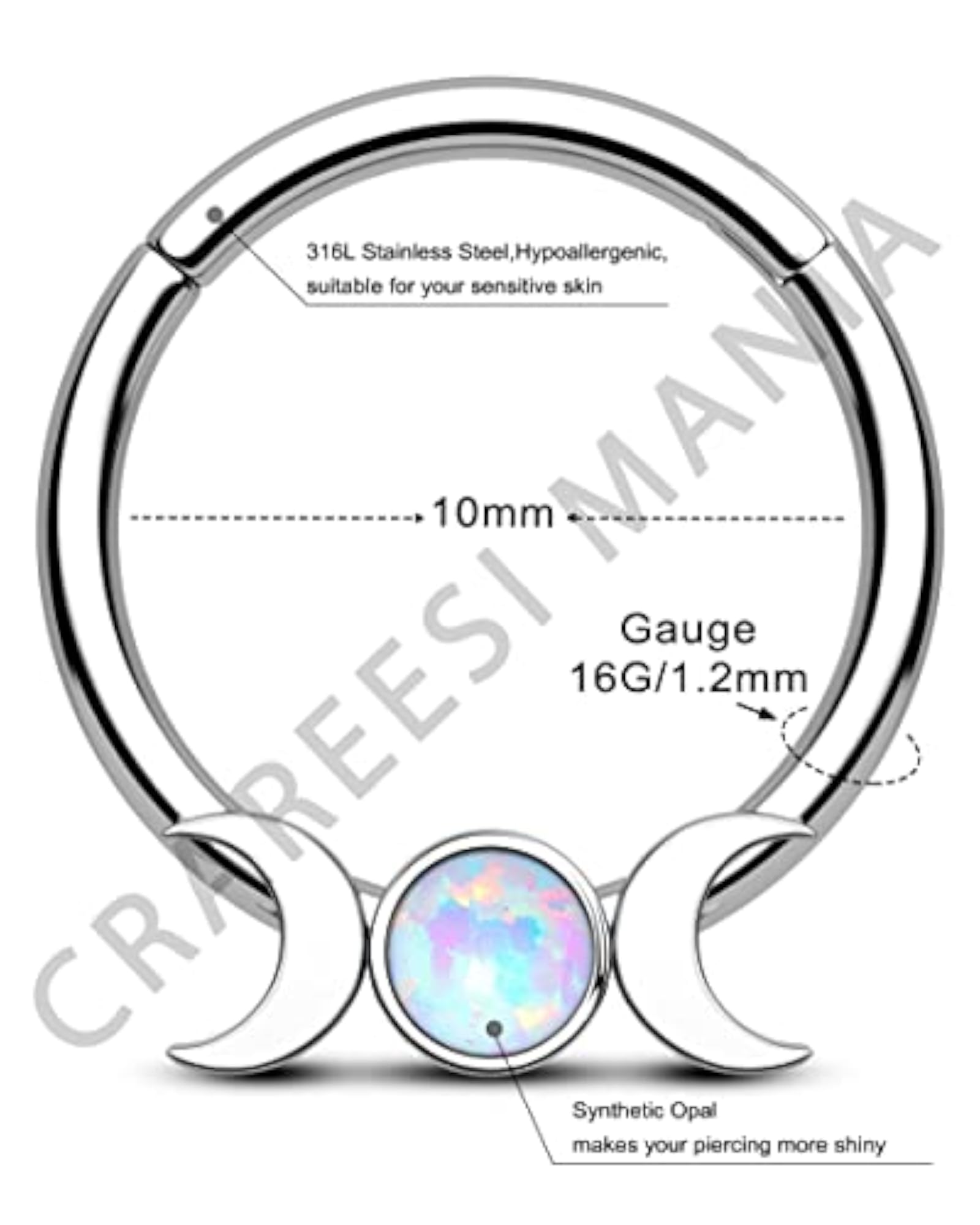Women's Moon Septum Ring, 16g Stainless Steel