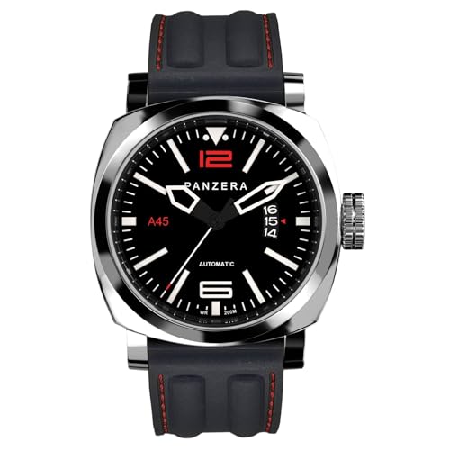 Panzera Aquamarine 45 Stainless Steel Divers Watch - Analog Water Resistant Watch - Japanese NH35 Automatic Movement - Designed & Assembled in Australia - 45mm Diameter - Black Rubber Strap - Black