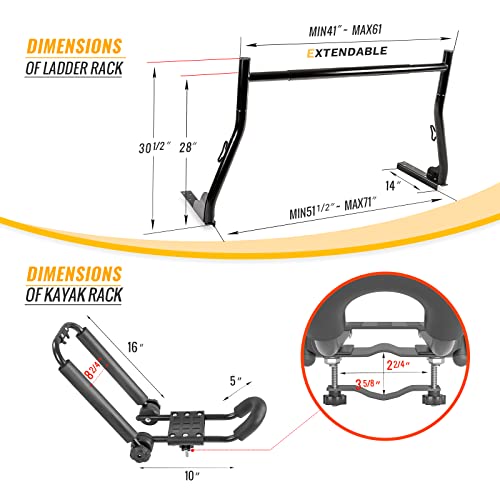 Model X31 Truck Ladder Rack with 8 Non-Drilling C-Clamps and 2 Sets Universal Steel Folding J-Bar Kayak Carrier with Ratchet Lashing Straps & Ratchet Bow and Stern Tie Down Straps