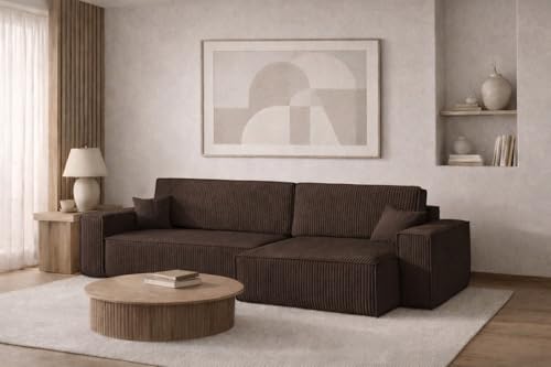 Kaiser Möbel - Ecksofa mit Schlaffunktion und Bettkasten, Schlafsofa mit Bettzeugbehälter, Wohnlandschaft L-Form, Klappsofa, Relaxsofa, Cordstoff, Bequemes Couch für Wohnzimmer, BEST XL, Braun, Rechts