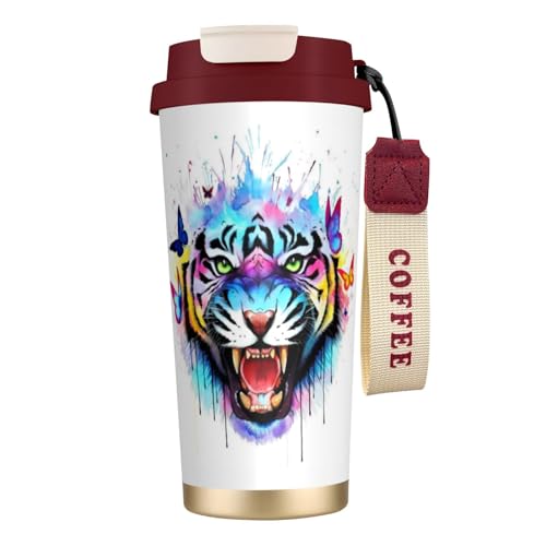 タンブラー 水彩 タイガー 虎柄 マグボトル コーヒーカップ 水筒 保温 保冷 ウォーターボトル 蓋付き ストロー付き 直飲み おしゃれ プレゼント