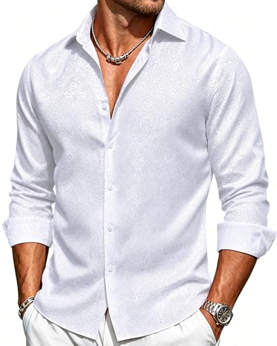 Hi-Tie White Button Down Shirt Men Vintage Paisley Jacquard Non Wrinkle Regular Fit Silk Long Sleeve Shirts for Holiday Prom