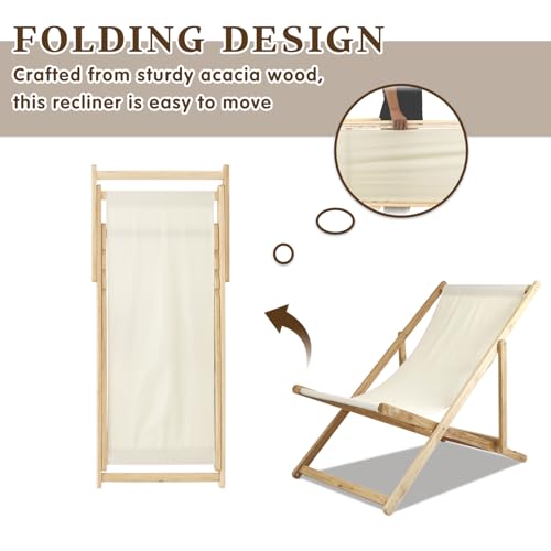 Gowoodhut Set of 2 Lounge Chairs, Adjustable Folding Wooden Sling Chairs for Outdoor and Indoor, Acacia Wood Frame with Oxford Seat, Portable and Space-Saving Design,250 lbs Capacity - Thumbnail 7