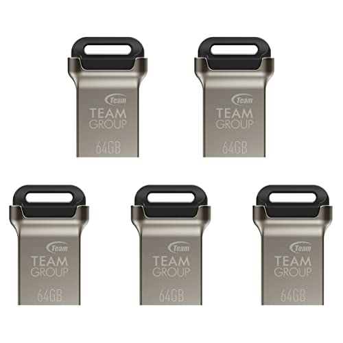 TEAMGROUP C162 64GB 5 Pack USB 3.2 Gen 1 USB 3.1/3.0 Mini Fits Metal Read 100MB/s Flash Thumb Drive External Data Storage Memory Stick Compatible with Computer/Laptop Black TC162364GB21
