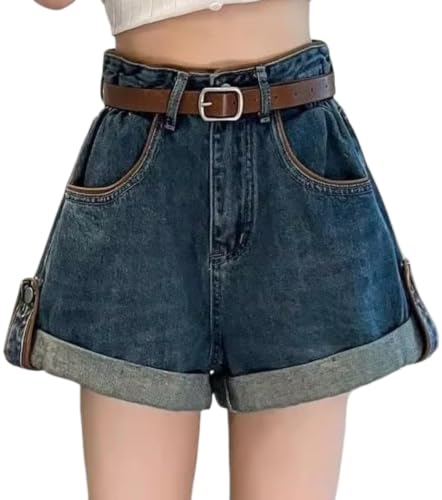 Y2k High Waisted Denim Shorts for Women with Belt - Vintage Loose Fit Rolled Hem Jean Shorts, Casual Summer Streetwear (Blue,X-Large)
