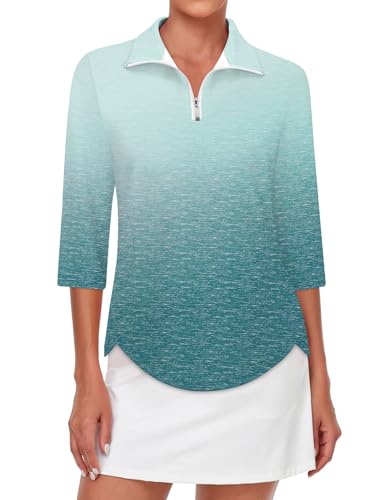 Tanst Sky 3XL Golf Top for Women, Women's Polo Shirts 3/4 Sleeve Plus Size Quarter Zip Collared Apparel Ladies Pickle Ball Workout Tennis Running Loose Fit Athletic Clothes Green Ombre XXX-Large
