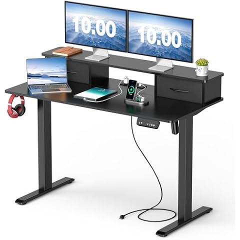 Mr IRONSTONE Standing Desk, 47 x 24 Inches Electric Height Adjustable Desk with 3 AC Outlets & 2 USB Ports, Stand Up Desk with 2 Drawers and Large Monitor Stand, Black Cover