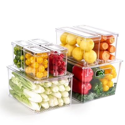 MUCHII 8 Pack Fridge Organizers, Stackable Fridge Organizer Bins with Lids, Kitchen Organization Storage Containers for Fruit, Food, Vegetables
