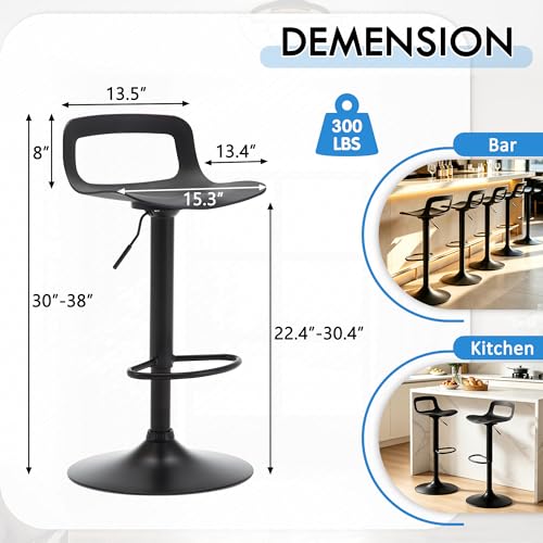 Butacos de bar ajustables en altura, giratorios 360° con respaldo y reposapiés, estilo moderno, para isla de cocina o bar en casa, color negro, juego de 4 miniatura 2